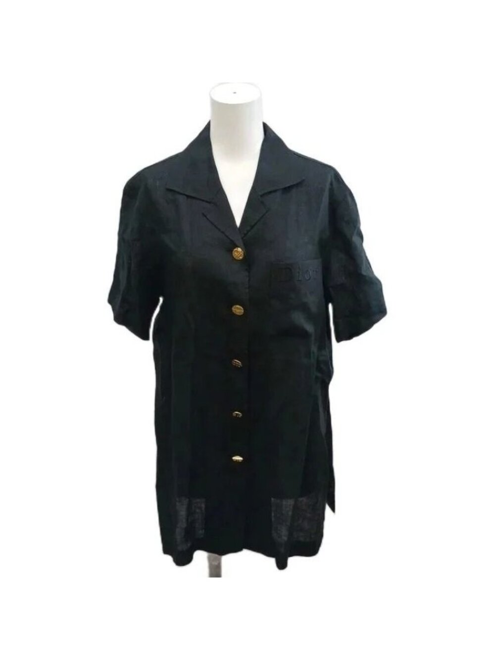 Dior Shirt Blouse Short Sleeve Open Collar Linen Black M